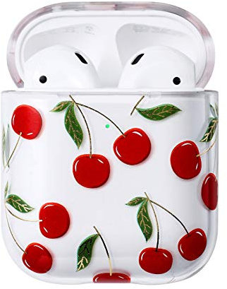 AKABEILA Compatibile con custodia per Apple AirPods 1°/2°, custodia rigida in policarbonato trasparente, antiurto [LED frontale visibile] protezione completa, colore ciliegia