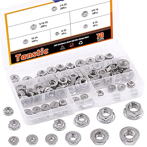 Tanstic Assortiment de 70 écrous hexagonaux à bride en acier inoxydable 1/4-20 5/16-18 3/8-16 10-24 8-32 6-32