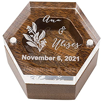 Jacklin F Personalisierte Sechseck-Ringbox mit klarem Acryldeckel & Holzsockel Gravur Moderne Ehering-Trägerbox Vorschlags-Ring-Etui für Heiratsantrag Verlobung Hochzeitszeremonie