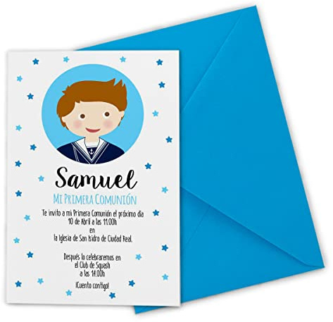Invitaciones comunión ESTRELLAS personalizadas. (Pack 12 tarjetas +sobres) Niña o niño. Elige color del diseño y el sobre. Tarjetas de invitaciones Primera Comunión