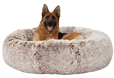 Bedfolks Calming Donut Dog Bed, 45 Inch Round Plush Bed for Extra Large Dogs, Anti-Anxiety, Washable with Non-Slip Bottom (Brown, Extra Large)