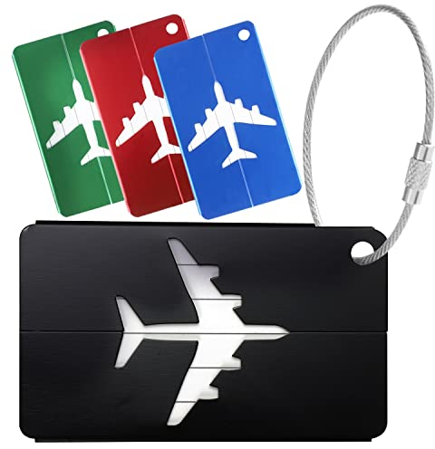 4 Stück Kofferanhänger mit Adressschild, Aluminium Gepäckanhänger 75 * 45mm Wasserdichte Koffer Beschriftung Namensschild mit Edelstahldrahtschlaufe Koffer Anhänger für Zuhause Büro Schule (4 Farben)