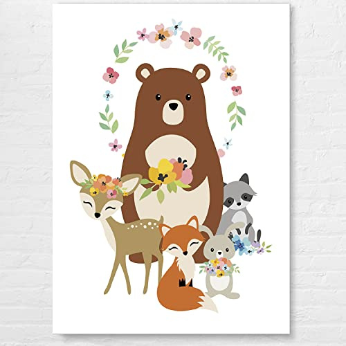 Niedliche Waldtiere fürs Kinderzimmer als Leinwand-Bild für Mädchen & Jungs zur Deko | 50x70cm großes Wandbild | auf schadstofffreiem STANDARD 100 by OEKO-TEX® geprüften Leinwandstoff - aufhängefertig