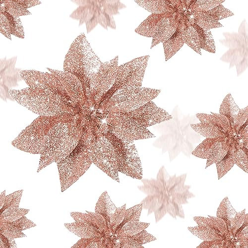 36 Stück Weihnachten Glitzer Weihnachtsstern Blumen Magnolie Künstlicher Weihnachtsstern Weihnachtsschmuck Blumen mit Clips Blumen Ornamente für Weihnachtsbaum Kranz, 3 Größen (Rose Gold)