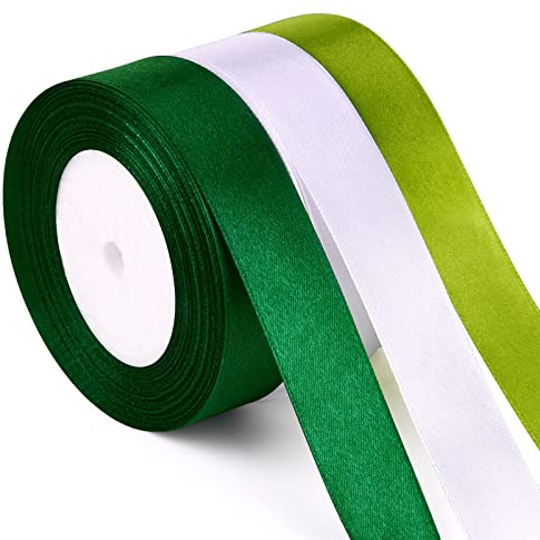 ASTARON 3 St. Geschenkband Grün Weiss, 25mm Grün Weißes Satinband für Geschenkverpackungen Weihnachtsgeschenke Schleifen Haarschleifen Schleifenband für Blumensträuße Baby Shower Dekoration