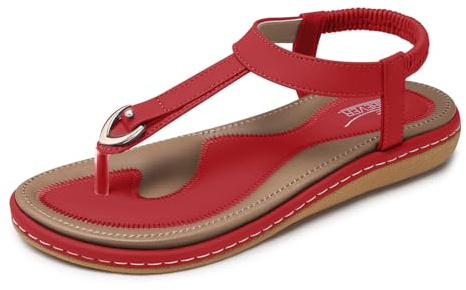 SHIBEVER Womens Sandals Summer Flat: Dressy Casual T-Strap Flip Flop Thong Flat Sandals - Red Size 10 Comfortable Walking