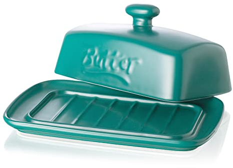 Candiicap,Burro grande in porcellana con coperchio, classico contenitore per burro opaco, grande porta burro per la conservazione del burro, lavabile in lavastoviglie (verde opaco)