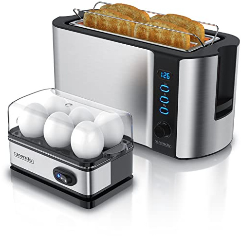Arendo - SET Eierkocher SIXCOOK mit Toaster FRUKOST Edelstahl Silber, Toaster 4 Scheiben, LED-Display, 6 Bräunungsgrade, Brötchenhalter - Eierkocher 1-6 Eier, Messbecher