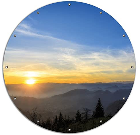 Wallario rundes Outdoor-Poster für Garten oder Balkon Sonnenaufgang über dem Schwarzwald, Motivbanner 120 cm Durchmesser
