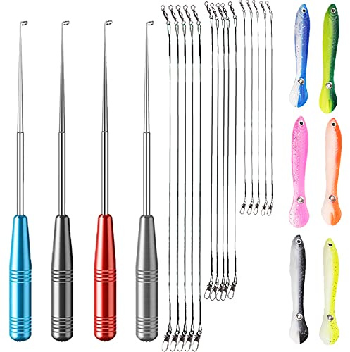 BOSOIRSOU 4PCS Fish Hook Remove 25 Stück Angelhakenentferner mit Angelköder und Drahtvorfach, 4 Angelhaken-Schnellentferner, 6 bionische Angelköder, 15 nylonummantelte Angelschnur mit Wirbelring