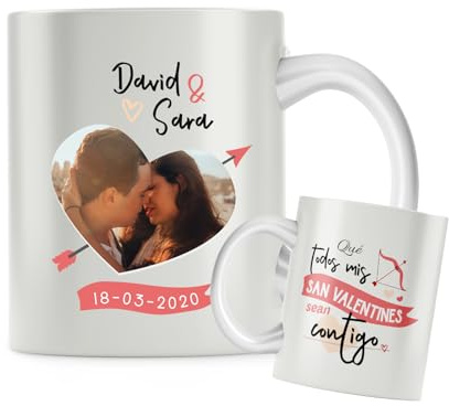 Taza de cerámica personalizada con foto. Taza personalizada para San Valentín con frase. Regalo original personalizado. (Todos mis San Valentín contigo.)