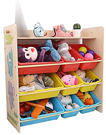 KHiry Aufbewahrung von Kinderspielzeug, Bücherregal, Spielzimmer-Ausstellungsständer mit 9 mehrfarbigen Kunststoffbehältern, Regalschublade – Holzfarbe, Weiß (Farbe: Holzfarbe) (Holzfarbe)