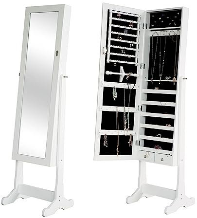 CASEGO Der bodenstehende Ganzkörperspiegel des Schmuckaufbewahrungsschranks eignet Sich für Wohnzimmer, Schlafzimmer, Garderobe, Ankleidezimmer usw. (White)