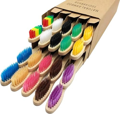Bambus-Zahnbürsten für Erwachsene, weiche Borsten, natürliche Holzzahnbürste, biologisch abbaubar, organischer Griff, Zahnbürste für Zuhause und Reisen, plastikfreie Verpackung (gemischte Farben, 20