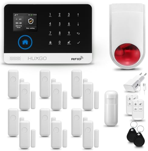 HUXGO® HXA003 Funk Alarmanlage Set WiFi + GSM mit Alarmsirene | Alarm System mit Bewegungsmelder, 12x Fensteralarm/Türsensoren | Alarmanlage fürs Haus, Wohnung | Smart Home