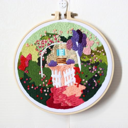N.LANSHAN Sticken Set Erwachsene Buntes Garten-Stanznadel-Set，Fantasy-Landschafts-Stickset Für Erwachsene，Anfänger-Stickmuster，Stickrahmen，Handarbeitsset，Diy-Bastelset 30x30cm