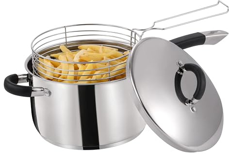 Royal Cuisine 22cm Chip Pan Stainless Steel Chip Pans with Basket and Lid Chip Fryer Saucepan Potatoes Chips Fries Cooker Deep Fat Fryer Pot Frying Pans-Cookware Kitchenware