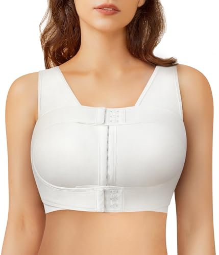 Junlan Post Surgery Sports Bra Front Closure Compression Bra for Women Mastectomy with Removable Breast Support Band (White,M)
