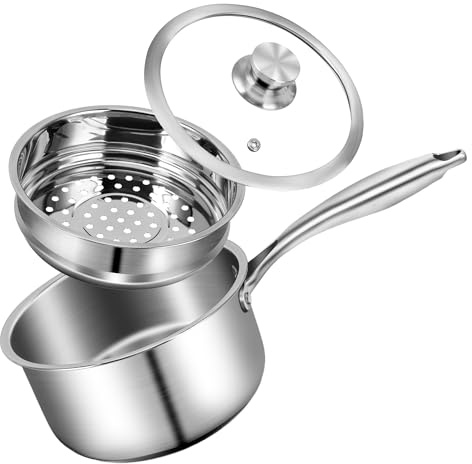 MEKOTRIN Stainless Steel Saucepan with Steamer, 2L Sauce Pan with Lid, Small Cooking Pot with Steamer Basket Milk Pan Soup Pot Kitchen Cookware for Cooking Boiling, Suitable for All Hobs & Induction