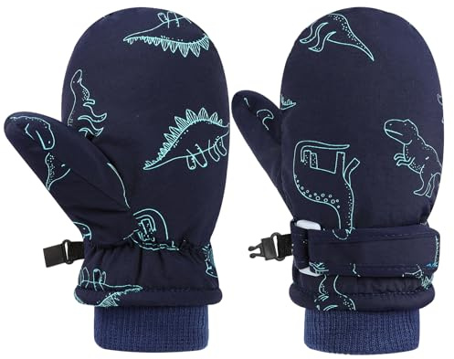 QKURT Kids Ski Mittens, Waterproof Winter Warm Snow Gloves, Cute Cartoon Dinosaur Gloves, Thick Fleece Lining Thermal Mittens Snowboard Skating Mittens for Boys Girls Aged 0-8