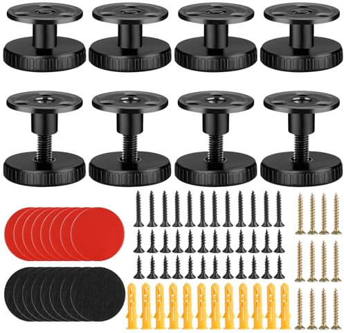 kayqbonke Lot de 8 pieds de meubles réglables de 27 à 40 mm, en acier au carbone et plastique ABS, noir, pour meubles légers et lourds, avec fixation par vis ou adhésif double face