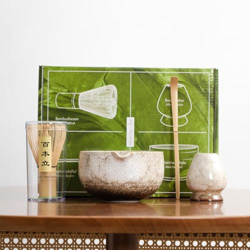 4Pcs Matcha Whisk Set Japanese Tea Ceremony Matcha Set Includes Matcha Bowl with Spout,Ceramic Whisk Holder,Matcha Whisk,Bamboo Matcha Scoop for Tea Culture Lovers White