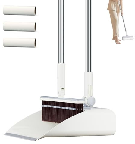 Euqvunn Set di Scopa e Paletta a Manico Lungo, 3-in-1 [Rullo Peli Animali] Paletta con Manico Lungo Rotazione a 180°, Scopa con Denti per Pettinare, Spazzola Levapelucchi 3 Ricariche per Casa