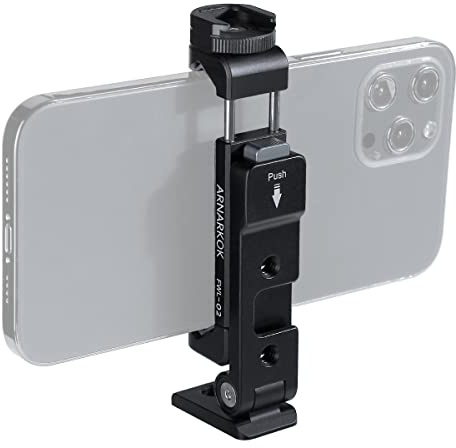 ARNARKOK Metal Phone Tripod Mount w 2 Cold Shoes, Vertical, Horizontal & 45 Tilt Angles Tripod Phone Holder Smartphone Holders Video Live Vlogging Streaming Rig