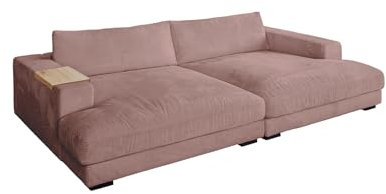 KAWOLA Big Sofa Megacouch Madeline Sofa, Holztablett für Armlehne, Cord Rosa, 156x60x170 cm - Couch Wohnzimmer & Lounge