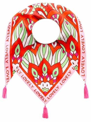 Zwillingsherz Tuch mit Quasten, Lovely-Print, Orange-Grün-Rosa, Dreieckstuch