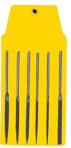 Estuche con 6 limas de aguja, acero endurecido, precisión en afilado, uso en trabajos de detalle y modelado en metal o madera.