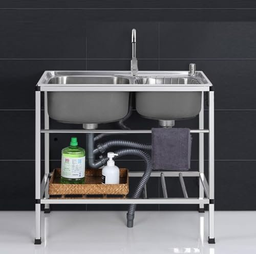 Lavello da Cucina per Esterni in Acciaio Inox a Doppia Vasca - Stazione lavamani Indipendente con Rubinetto per Uso Professionale e Commerciale (78x43x75 cm) (Monocolore 75x40x75 cm)
