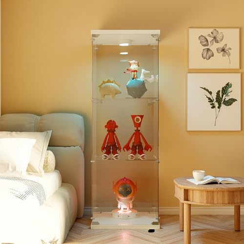 SHAODENG Glasvitrine, Vitrine mit LED-Beleuchtung, 3 Lagen Vitrinenschrank,1 Türen, Schloss, Standvitrine für Sammlung, transparent, stehender Glasschrank für Wohnzimmer, Weiß, 125x42x36cm