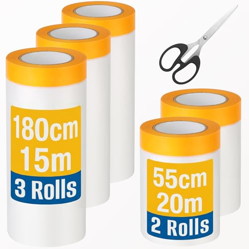 Furuising 5 Rolls 85M Dust Sheets Rolls, Pre-Taped Masking Film(1.8m x 15m x 3, 0.55m x 20m x 2), Plastic Self Adhesive Tape and Drape with 1 Scissors for Painting, Furniture, Floor Covering