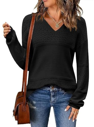 ABINGOO Damen Leichte Strickpullover V Ausschnitt Colorblock Pullover Gestreift Slim Fit Häkelpullover Casual Sweater Tops(Schwarz,XXL)