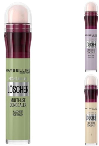 Maybelline Abdecktrio Set mit Maybelline New York Instant Anti-Age Effekt Concealer 01 Light, Color Corrector Concealer Grün und Lila – gegen Rötungen und einen fahlen Teint für einen ebenmäßigen Look