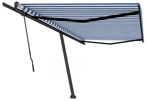 QJBSAVVA Standmarkise 500x350 cm Blau Weiß Freistehende Markise mit 360 Grad Drehfunktion und UV Schutz für Terrasse Balkon Garten