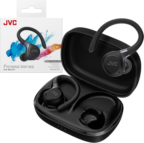 JVC Auricolari sportivi True Wireless Series Fitness con ganci regolabili, cancellazione attiva del rumore, modalità audio ambientale, impermeabile IP57, durata della batteria lunga 40 ore