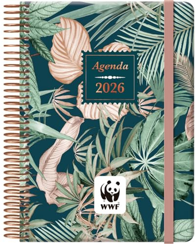 Dohe - Agenda 2026 - Tagesansicht, Größe 12,5x18 cm, Ringbindung und Gummiband, 12 Monate Januar bis Dezember, Jahresplaner auf Spanisch, 4 Seiten Aufkleber - WWF