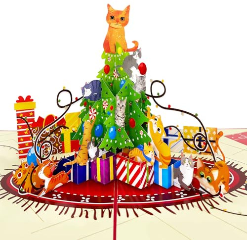 Hierein Weihnachtskarten, 2025 3D Weihnachtsbaum und Katze Pop Up Karte Weihnachten mit Umschlag, Weihnachtskarte für Frauen Mann Kinder Mädchen Jungen, Merry Christmas Weihnachten Geschenk