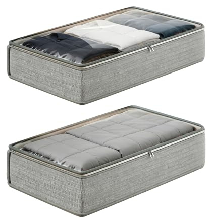 Kaiyzo Boîte de Rangement sous Lit 2 Pièces, 18cm Haut Boîte Rangement Drap de Lit avec Couvercle Transparent, Sac de Rangement Vêtement Pliable, Boîte Rangement Vêtement Souple sans Structure Rigide