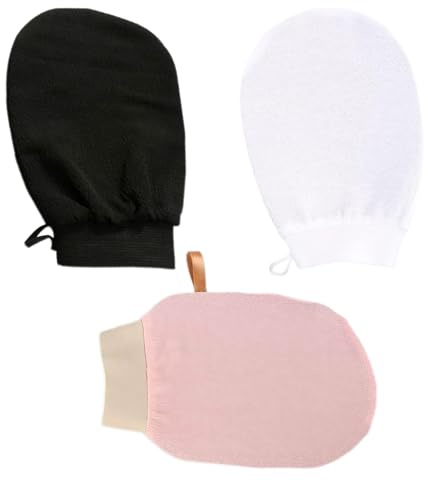 3 Stück Peelinghandschuh,Exfoliating Gloves Peeling Handschuhe Körper Hamam,Grobkörnige Massage Handschuh Body Gesicht Scrub Badehandschuh Einlagig,Doppelseitig Mit Umhängeband (Schwarz + Weiß + Rosa)