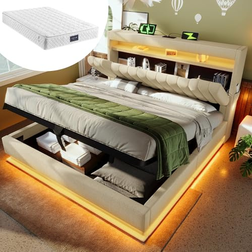 DUlVBPE 160 x 200 cm klädselsäng, dubbelsäng, förvaringsutrymme med USB- och typ C-anslutningar, LED-belysning i sängens huvud- och fotänd, med hydrauliskt förvaringsutrymme, beige, linne, med madrass