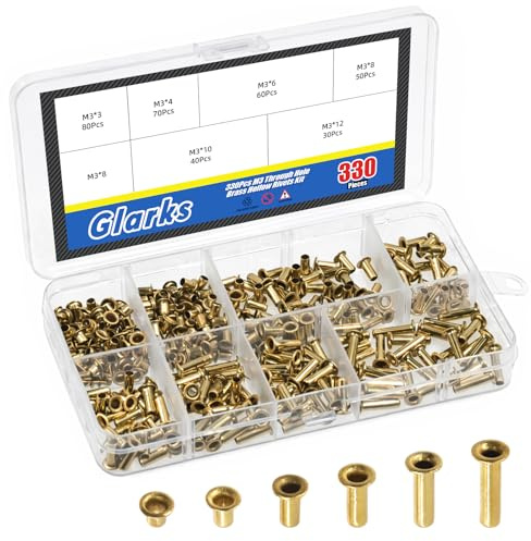 Glarks 330pcs M3 x 3/4/6/8/10/12mm Through Hole Copper Rivet Kit, Heavy Duty Hollow Rivet, Copper Air Eye Rivets, Brass Eyelets Rivets, Hollow Grommets Rivets for DIY Crafts, Leather, Clothes