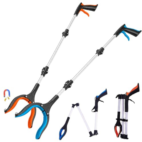 Fortspang Set med 2 grepptång för seniorer (110 cm) – hopfällbart grepphjälpmedel med magnet och 360° vridbart huvud, ergonomiskt avfallsgrepp för trädgård och vardag, orange blå