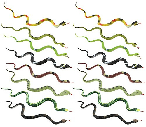 COM-FOUR® Ensemble de 16 serpents en caoutchouc - petit serpent réaliste, cobra, vipère aspic, additionneur, reptile en plastique - env. 34 cm de long [la sélection varie] (16 pièces - colorées/34cm)