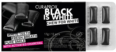 Curaprox Black Is White Kaugummi, 12 Stück | Frischer Atem & Zahnaufhellung, Aktivkohle & Hydroxylapatit, Einzelpack, Schweizer Design