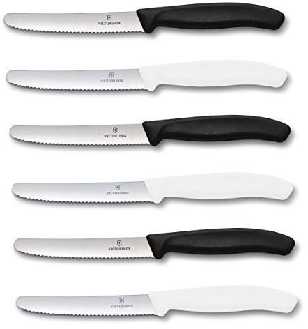 Victorinox | Küchenmesser-Set | 6 Stück Schwarz/Weiß | Klingenlänge: 11cm | Extra scharfer Wellenschliff | Tafelmesser mit ergonomischen Griff