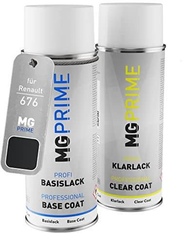 MG PRIME Autolack Set Spraydose für Renault 676 Noir Nacre + Klarlack | Perlmuttschwarz Metallic, Set aus Basislack + Klarlack, Sprühdosen 400ml