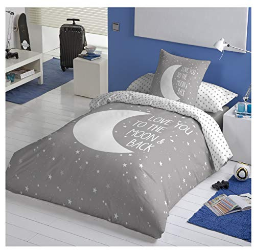 COTTON ARTean Funda nordica Infantil/Juvenil Reversible Moon Grey Funda de edredon para Cama de 90 + 1 Funda de Almohada 100% algodón Color Gris